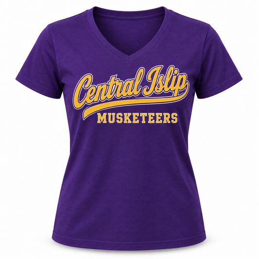 Central Islip Musketeers Women's Script V-Neck Tee in Purple, front view