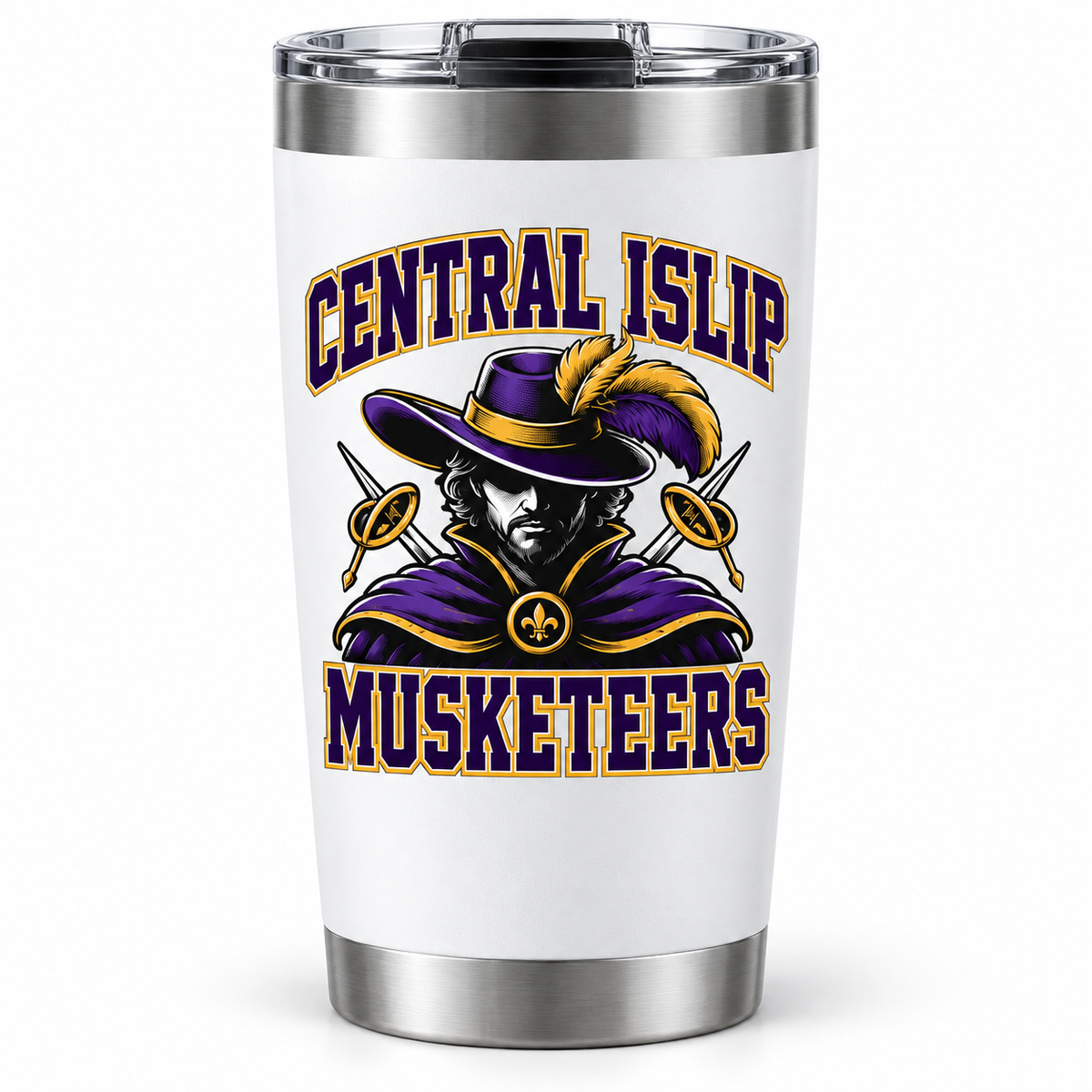 Central Islip Musketeers Collegiate Spirit Tumbler in White, front view