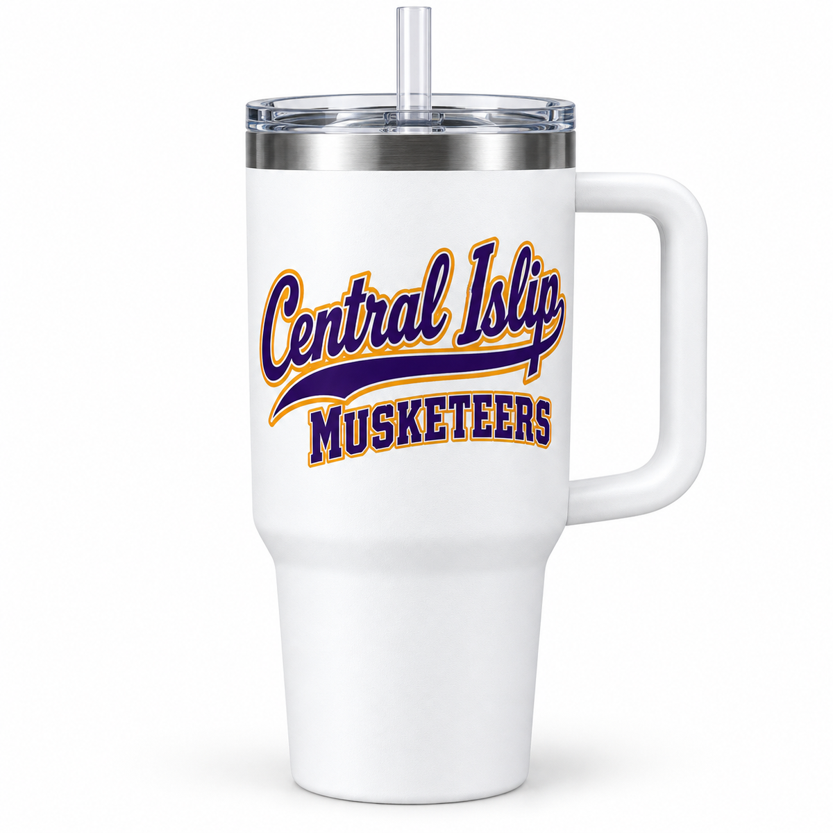 Central Islip Musketeers Script Handled Tumbler in White, front view