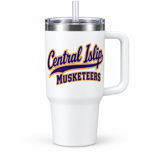 Central Islip Musketeers Script Handled Tumbler in White, front view