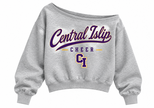 Central Islip Cheer Women's Heritage Script Off-Shoulder Crop Sweatshirt in Heather Gray