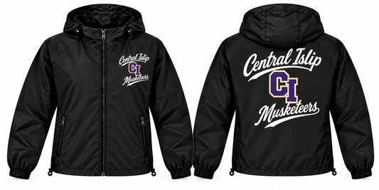Central Islip Musketeers black full-zip windbreaker front and back