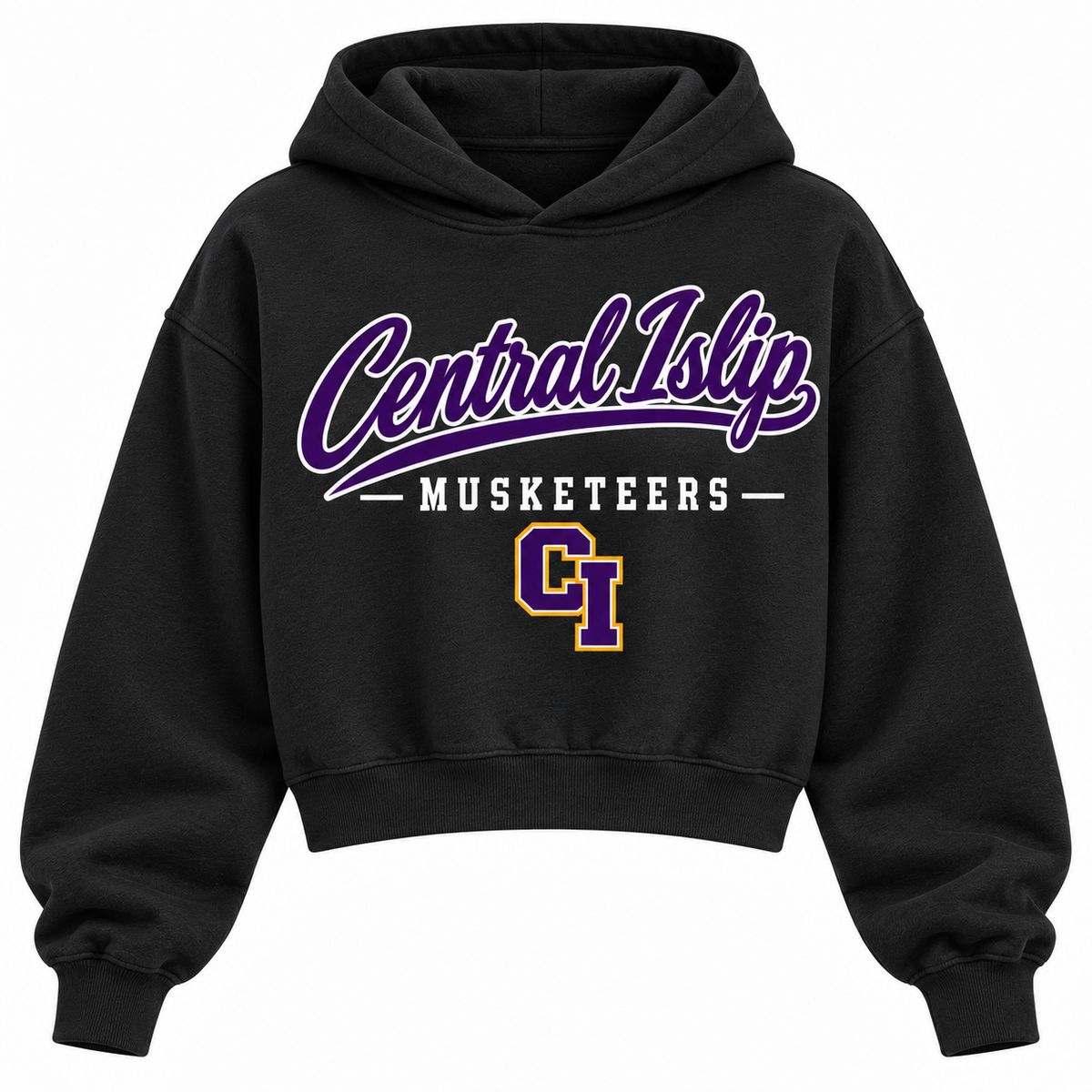 Central Islip Musketeers black cropped hoodie with heritage school script and varsity monogram on front