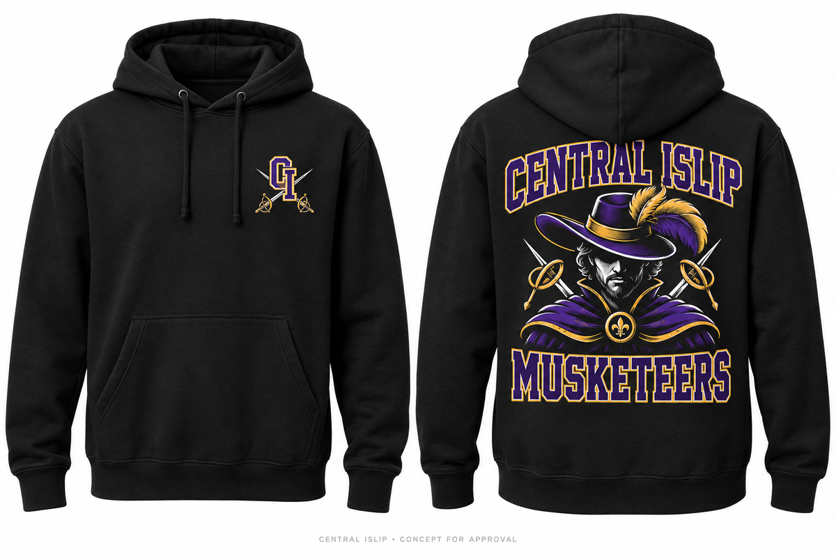 Central Islip Musketeers black hoodie front and back concept