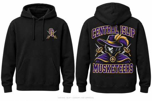 Central Islip Musketeers black hoodie front and back concept