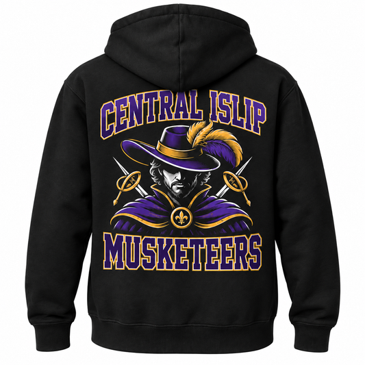 Central Islip Musketeers Varsity Hoodie — single black garment back view