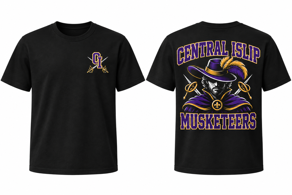 Central Islip Musketeers black tee front and back mockup
