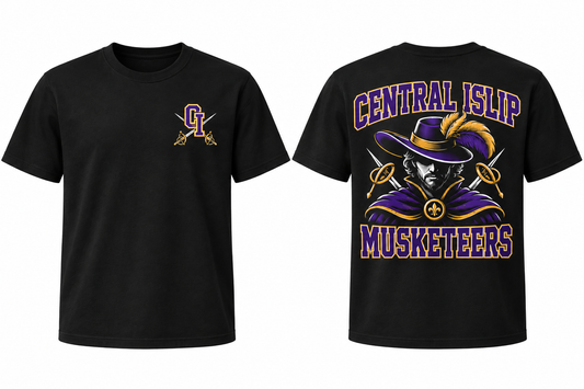 Central Islip Musketeers black tee front and back mockup