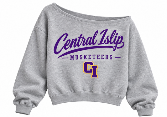 Central Islip Musketeers Women's Heritage Script Off-Shoulder Crop Sweatshirt in Heather Gray