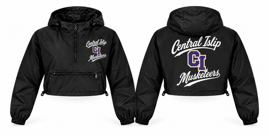 Central Islip Musketeers Women's Script Crop Windbreaker - Front & Back in black