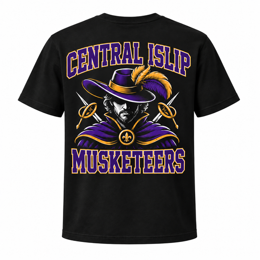 Central Islip Musketeers Varsity Tee — single black garment back view