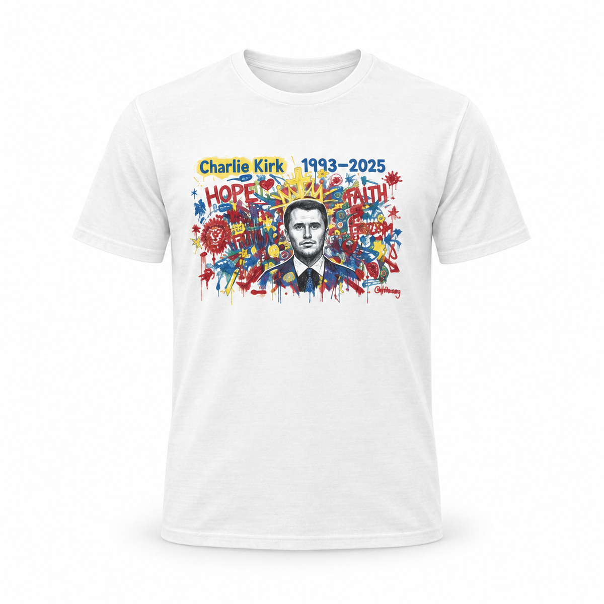 Charlie Kirk 1993-2025 Graffiti Art Tribute T-Shirt (White) — studio product view
