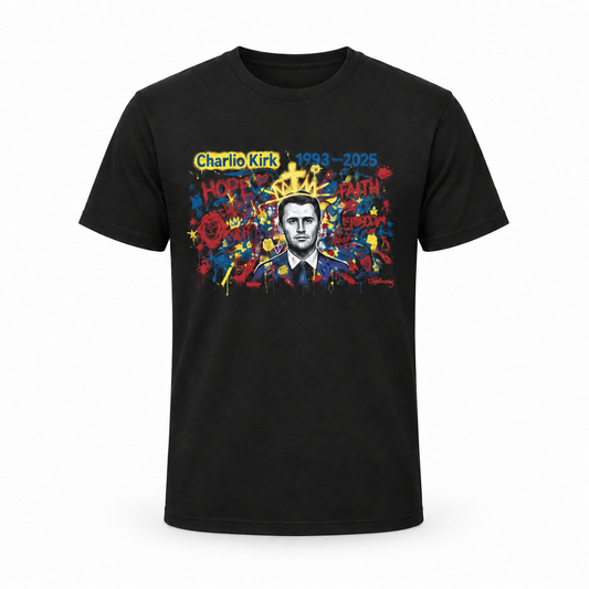 Charlie Kirk Tribute Mural Tee (Black) – Limited Edition — studio product view