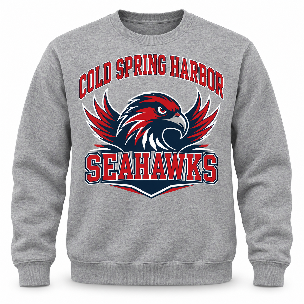 Cold Spring Harbor Seahawks Crest Crewneck Sweatshirt in Heather Gray, front view