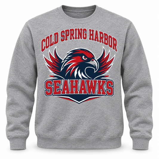Cold Spring Harbor Seahawks Crest Crewneck Sweatshirt in Heather Gray, front view