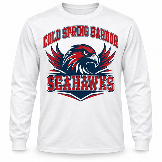 Cold Spring Harbor Seahawks Collegiate Long Sleeve Tee in White, front view