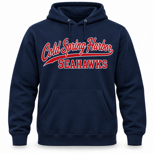 Cold Spring Harbor Seahawks Script Pullover Hoodie in Navy, front view