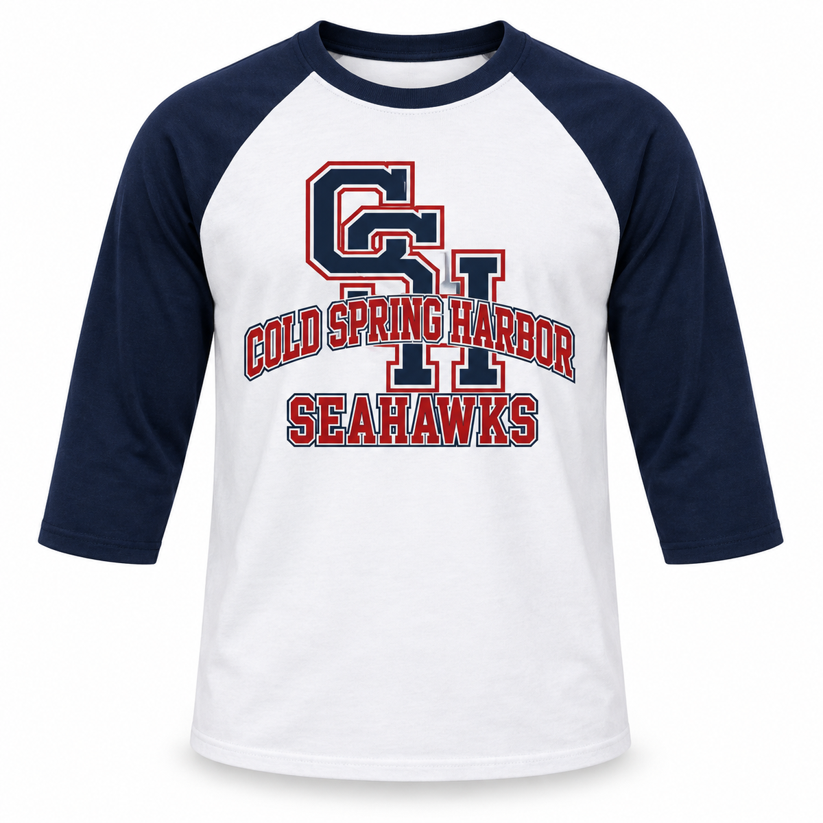 Cold Spring Harbor Seahawks Raglan Baseball Tee in White / Navy, front view