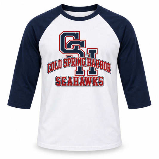 Cold Spring Harbor Seahawks Raglan Baseball Tee in White / Navy, front view