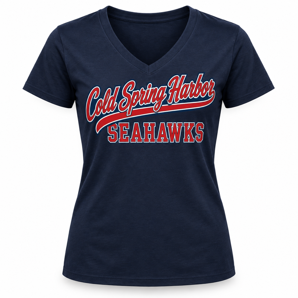 Cold Spring Harbor Seahawks Women's Script V-Neck Tee in Navy, front view