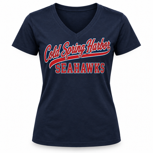 Cold Spring Harbor Seahawks Women's Script V-Neck Tee in Navy, front view