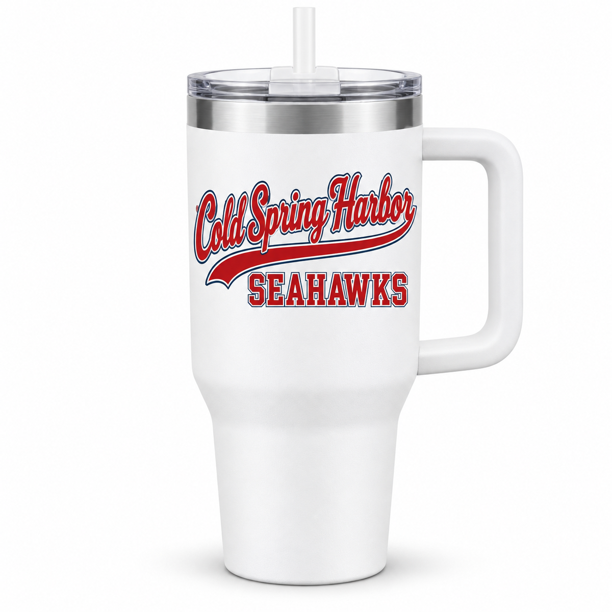Cold Spring Harbor Seahawks Script Handled Tumbler in White, front view