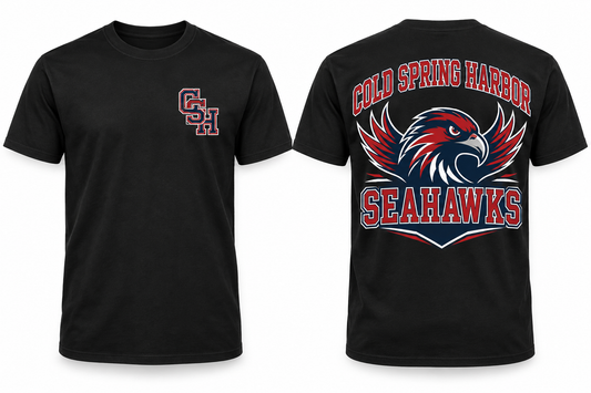 Cold Spring Harbor Seahawks black Tee front and back concept