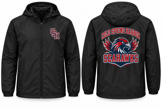 Cold Spring Harbor Seahawks Varsity Windbreaker — Black front and back