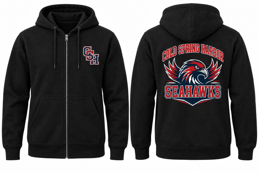 Cold Spring Harbor Seahawks Varsity Zip-Up Hoodie — Black front and back