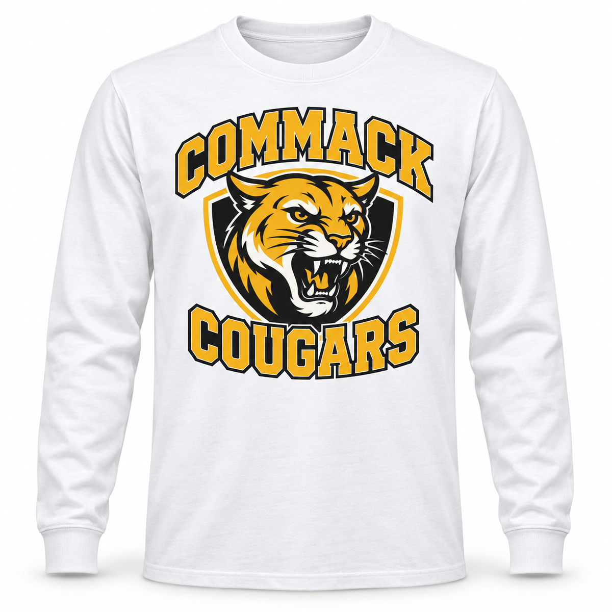 Commack Cougars Collegiate Long Sleeve Tee in White, front view