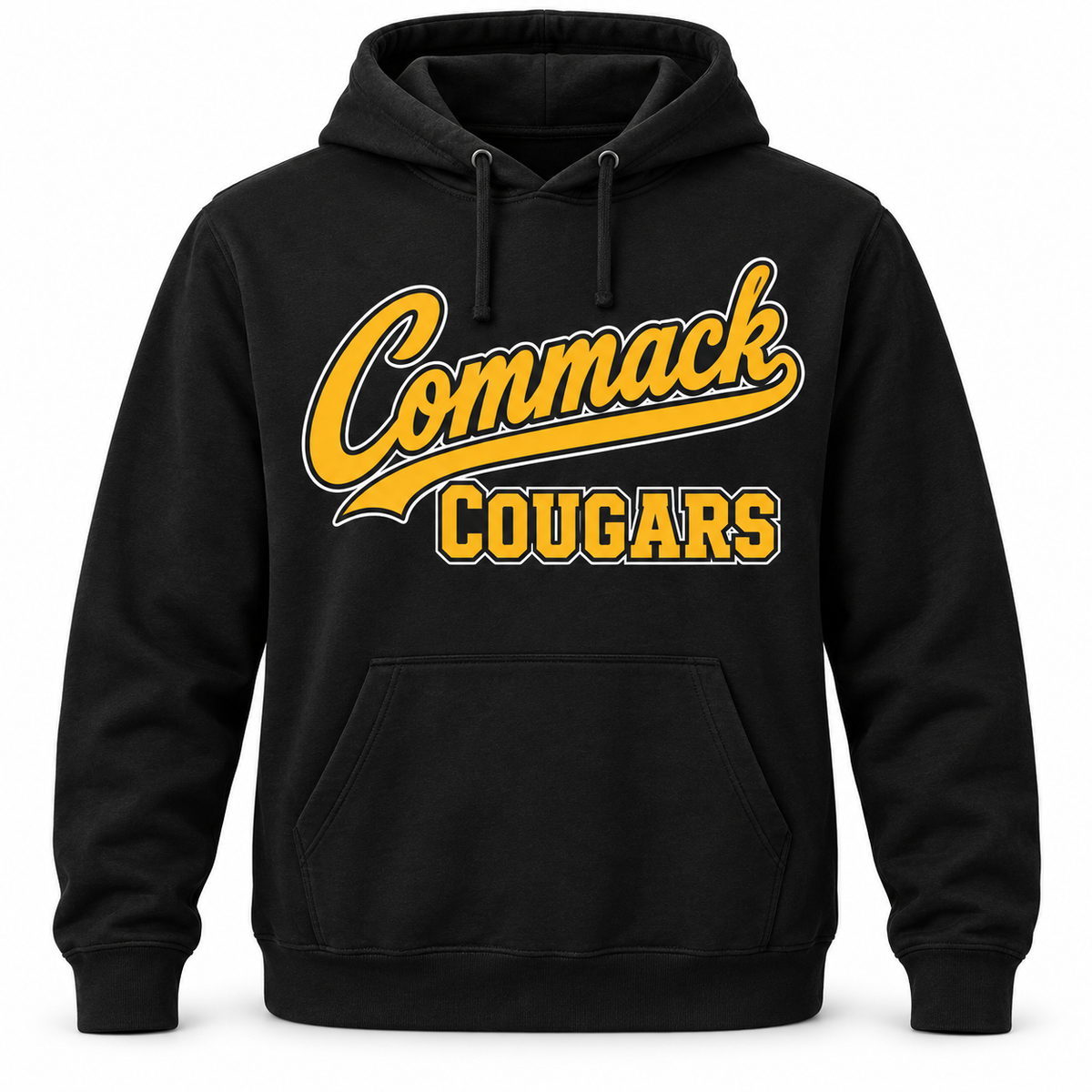 Commack Cougars Script Pullover Hoodie in Black, front view