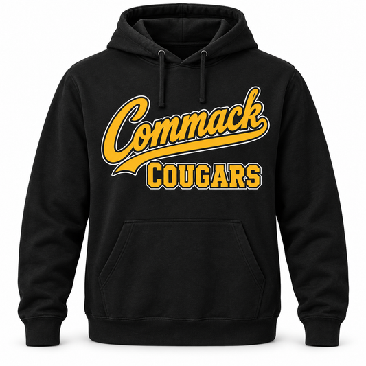 Commack Cougars Script Pullover Hoodie in Black, front view