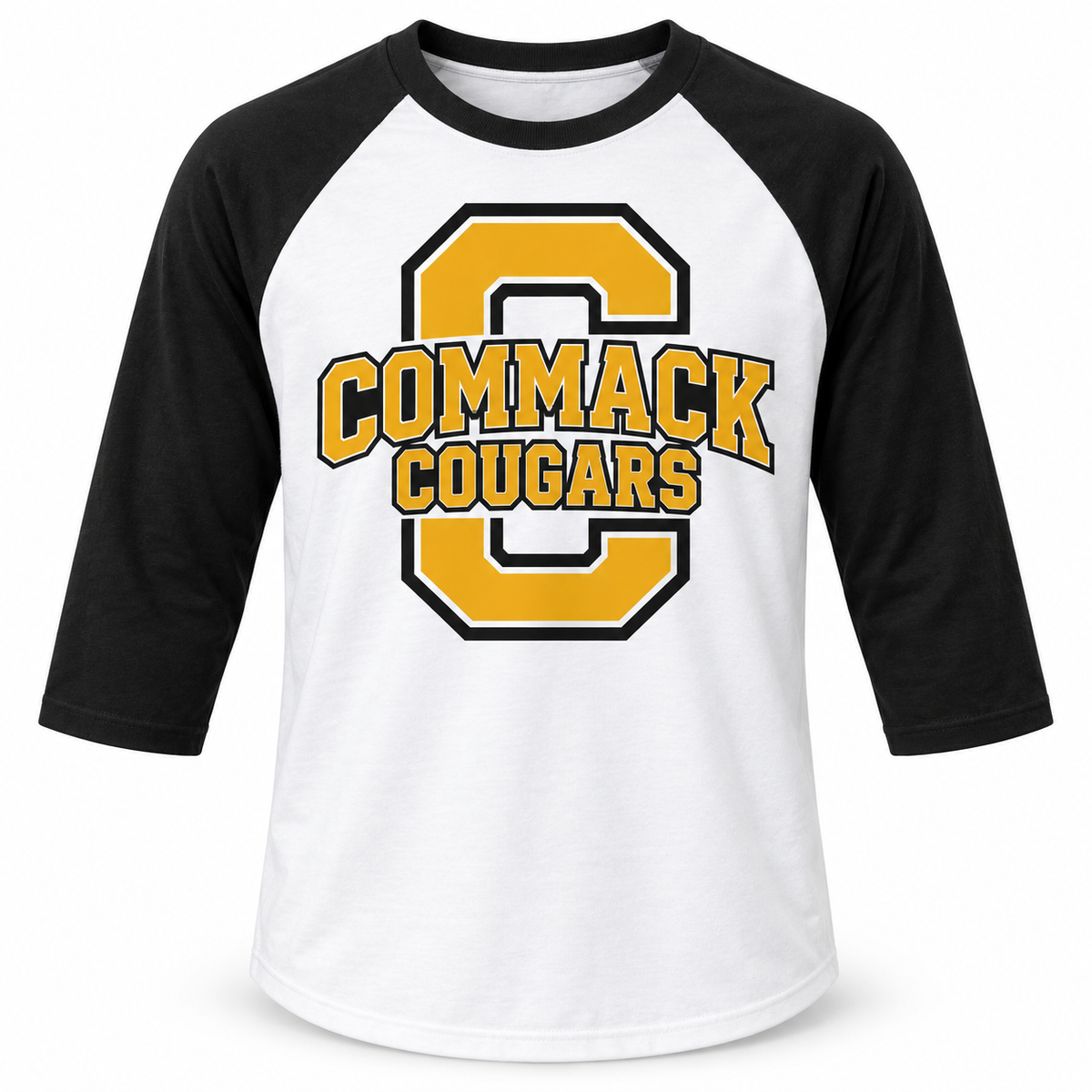 Commack Cougars Raglan Baseball Tee in White / Black, front view