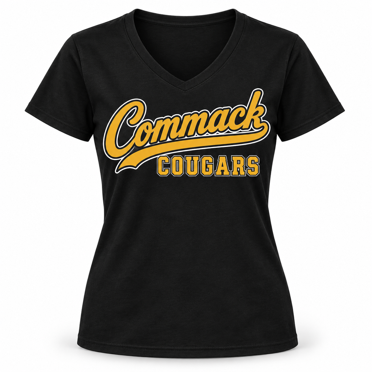 Commack Cougars Women's Script V-Neck Tee in Black, front view