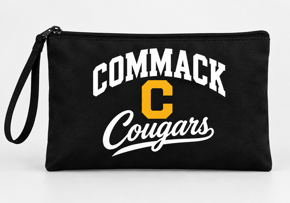 Commack Cougars Stacked Script Polyester Zip Pouch — Black