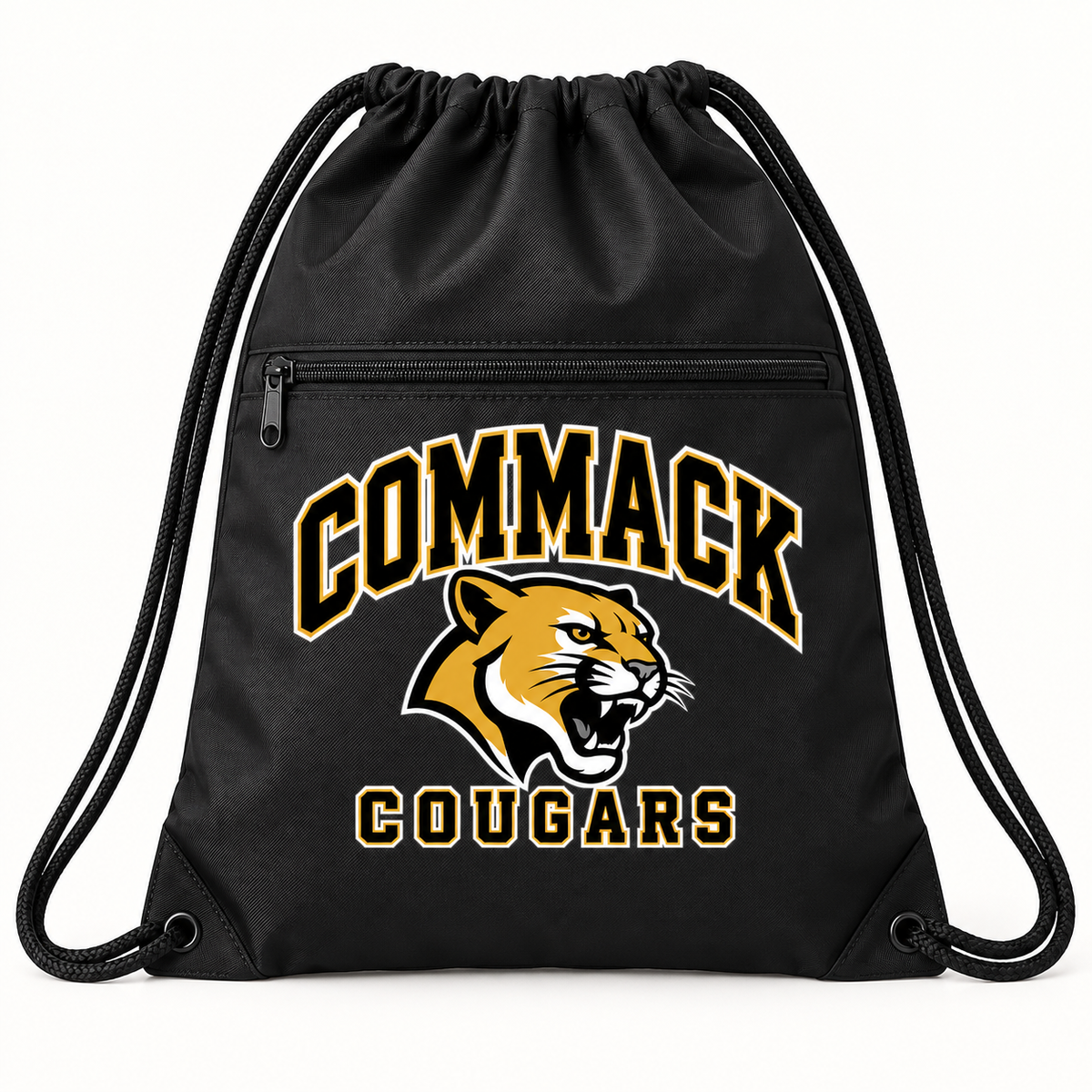 Commack Cougars Campus Polyester Zip-Pocket Drawstring Backpack — Black