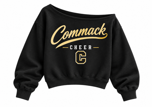 Commack Cheer Women's Heritage Script Off-Shoulder Crop Sweatshirt in Black