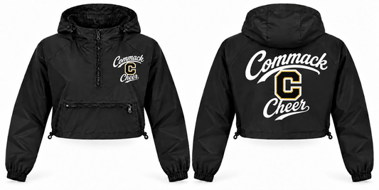 Commack Cheer Women's Script Crop Windbreaker - Front & Back in Black