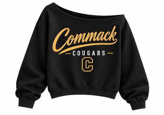 Commack Cougars Women's Heritage Script Off-Shoulder Crop Sweatshirt in Black