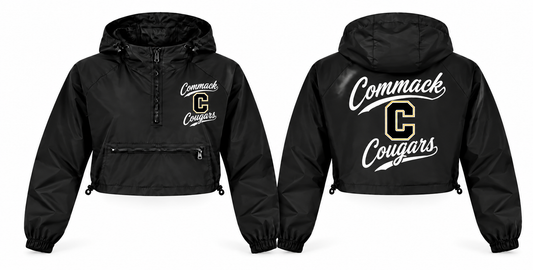 Commack Cougars Women's Script Crop Windbreaker - Front & Back in black