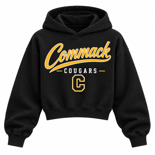 Commack Cougars black cropped hoodie with heritage school script and varsity monogram on front