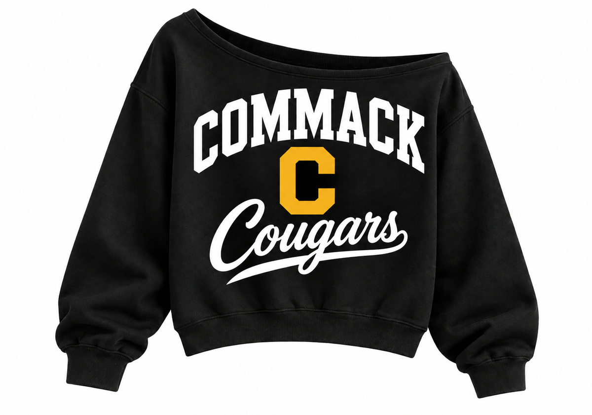 Commack Cougars Stacked C Script Wide-Neck Crop Sweatshirt — Black
