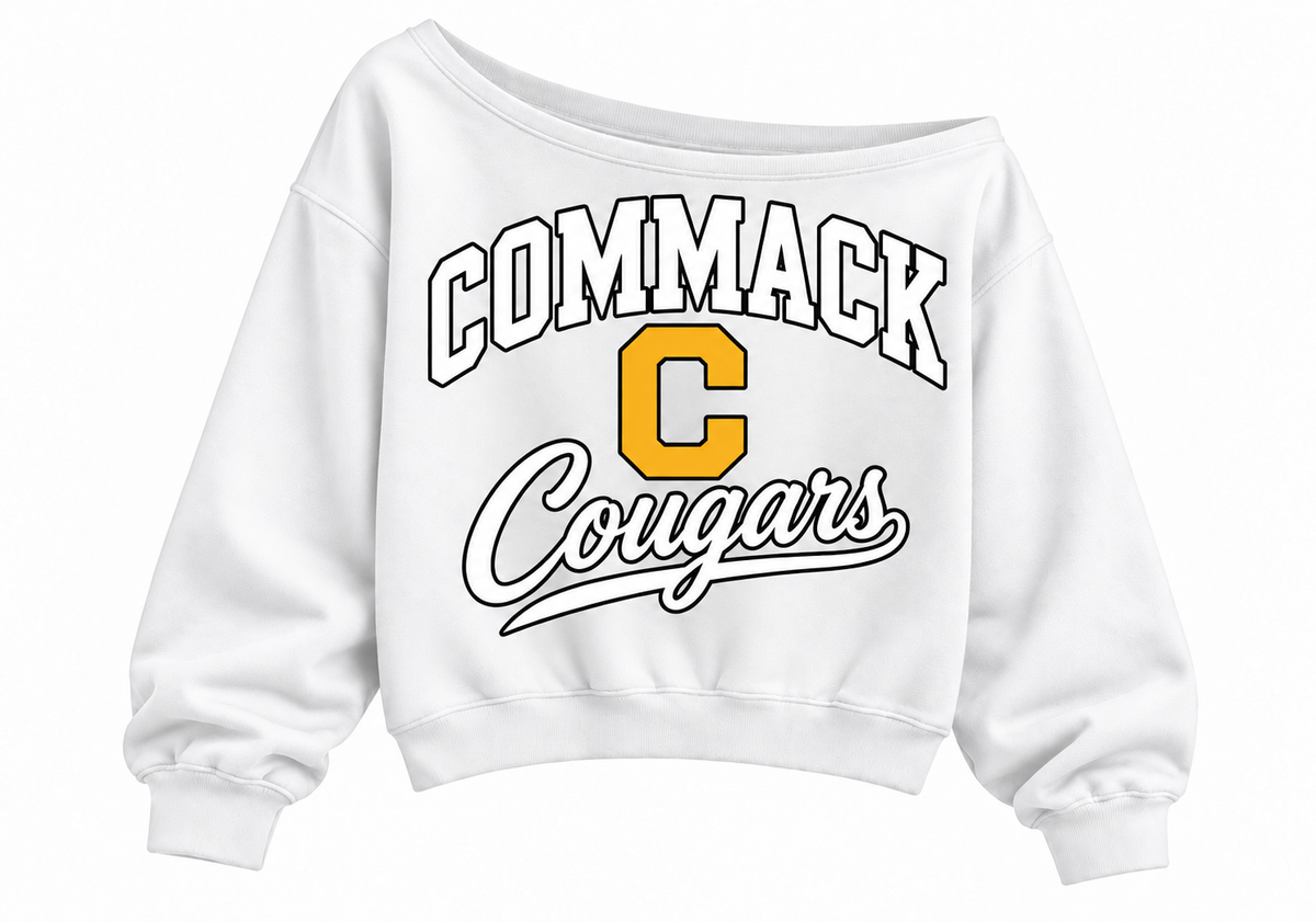 Commack Cougars Stacked C Script Wide-Neck Crop Sweatshirt — White
