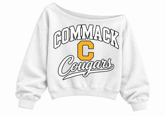 Commack Cougars Stacked C Script Wide-Neck Crop Sweatshirt — White