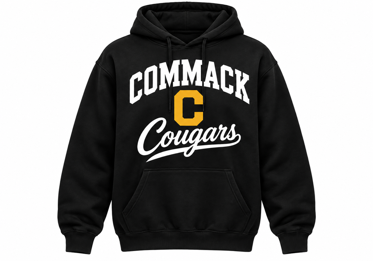 Commack Cougars Stacked C Script Pullover Hoodie — Black