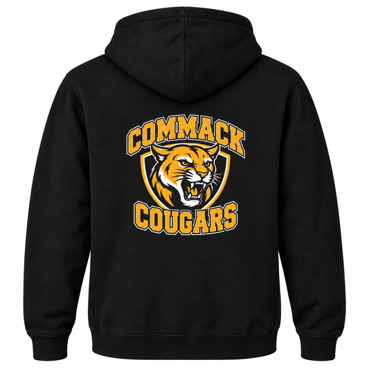 Commack Varsity Hoodie — Black — single black garment back view