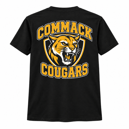Commack Varsity Tee — Black — single black garment back view