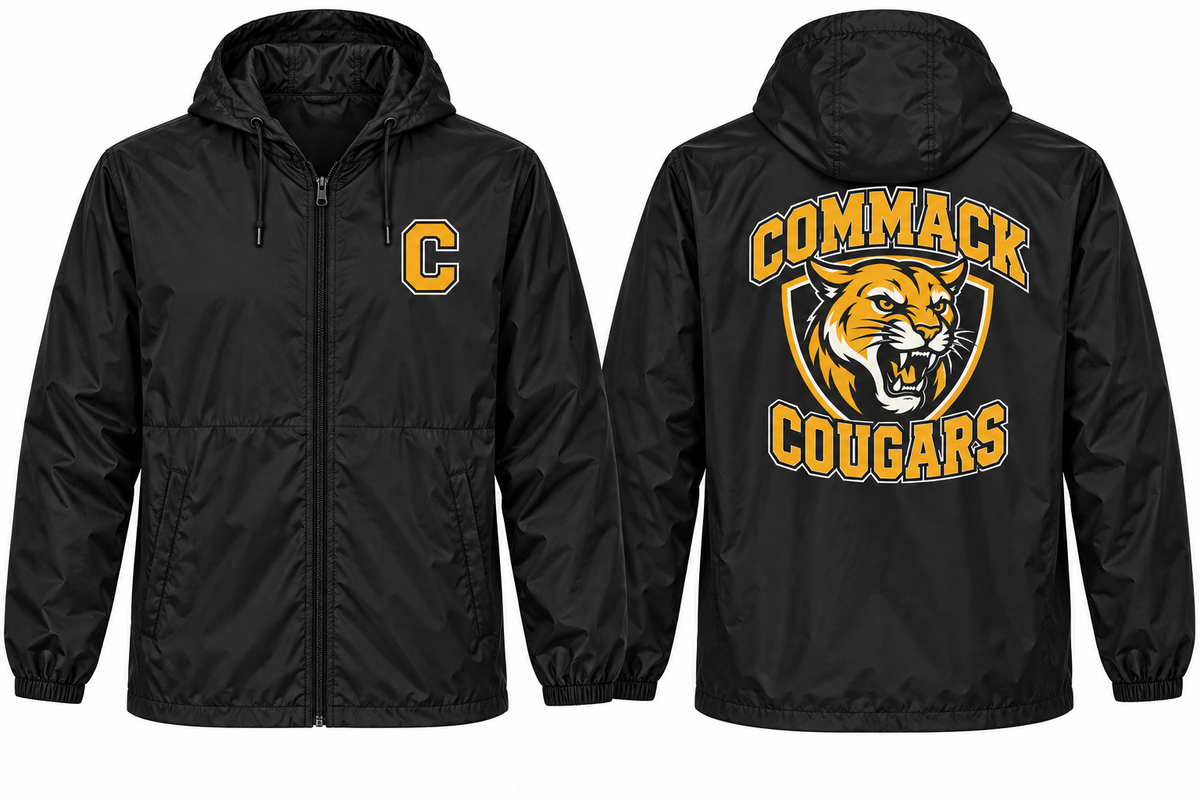 Commack Varsity Windbreaker — Black front and back