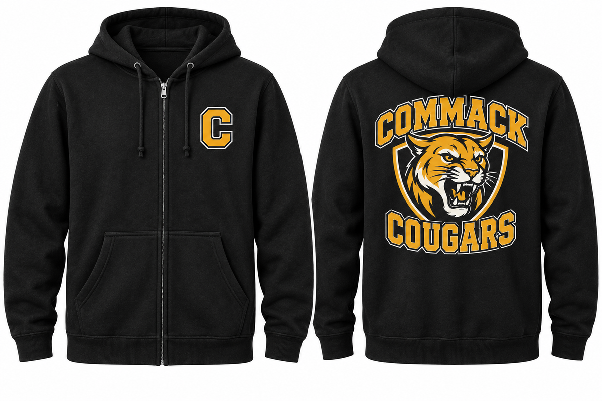 Commack Varsity Zip-Up Hoodie — Black front and back