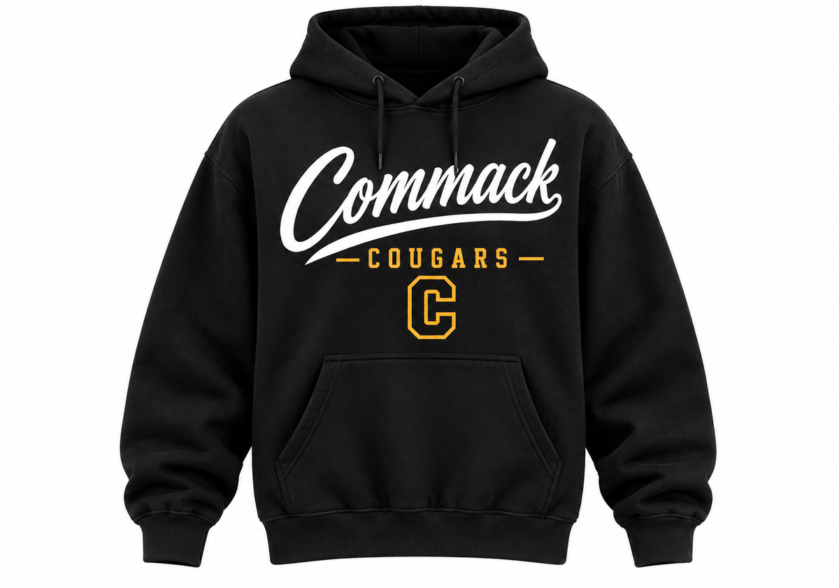 Commack white script gold Cougars hoodie in black